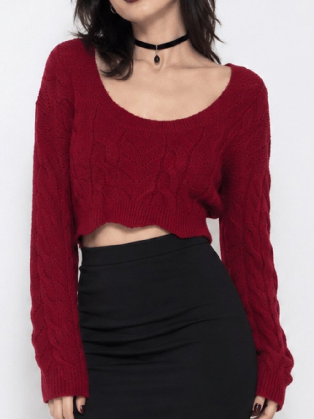 Lovers and Friend Cropped Sweater Red Coquette 90s Vamp Cable Knit Scallop Edge